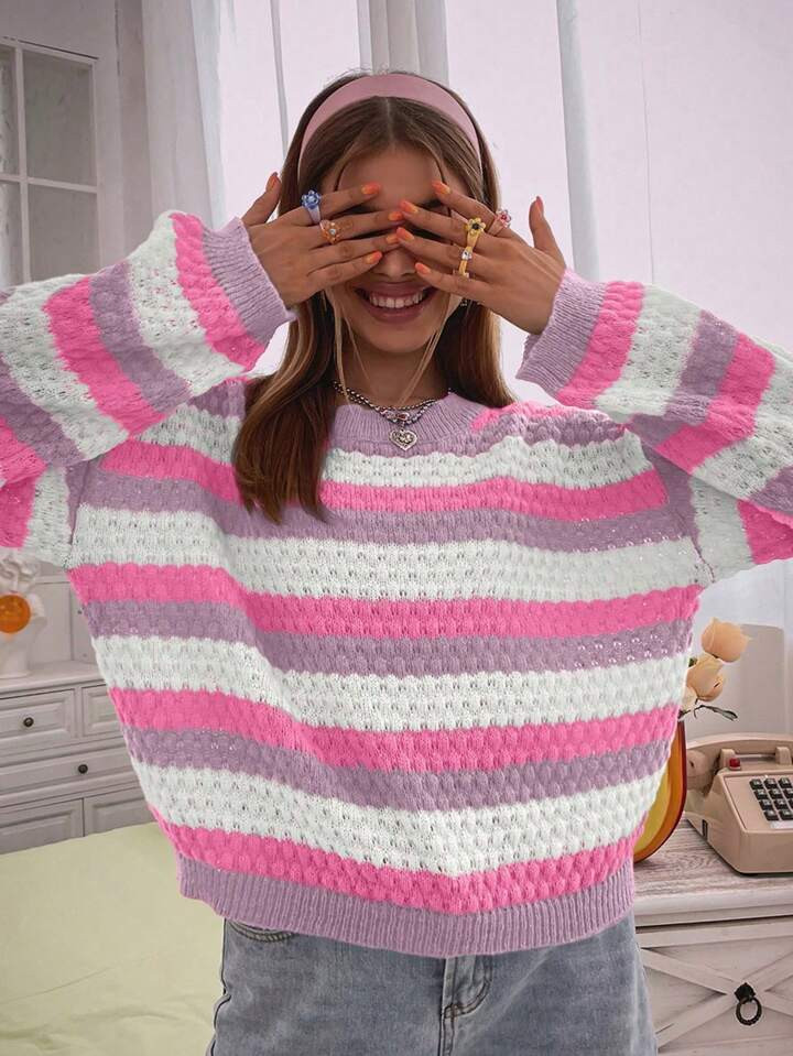 SHEIN Qutie Block Striped Drop Shoulder Sweater | SHEIN