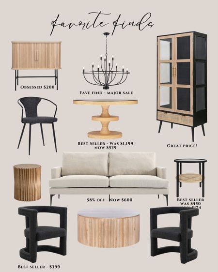 Amazon favorite finds:
Natural wood cabinet. Black chandelier traditional. Black cabinet tall. Natural wood round dining table. Black dining chair modern. White sofa modern. Natural wood side table rustic. Black side table. Natural wood coffee table. Black accent chair modern.

#LTKhome #LTKsalealert