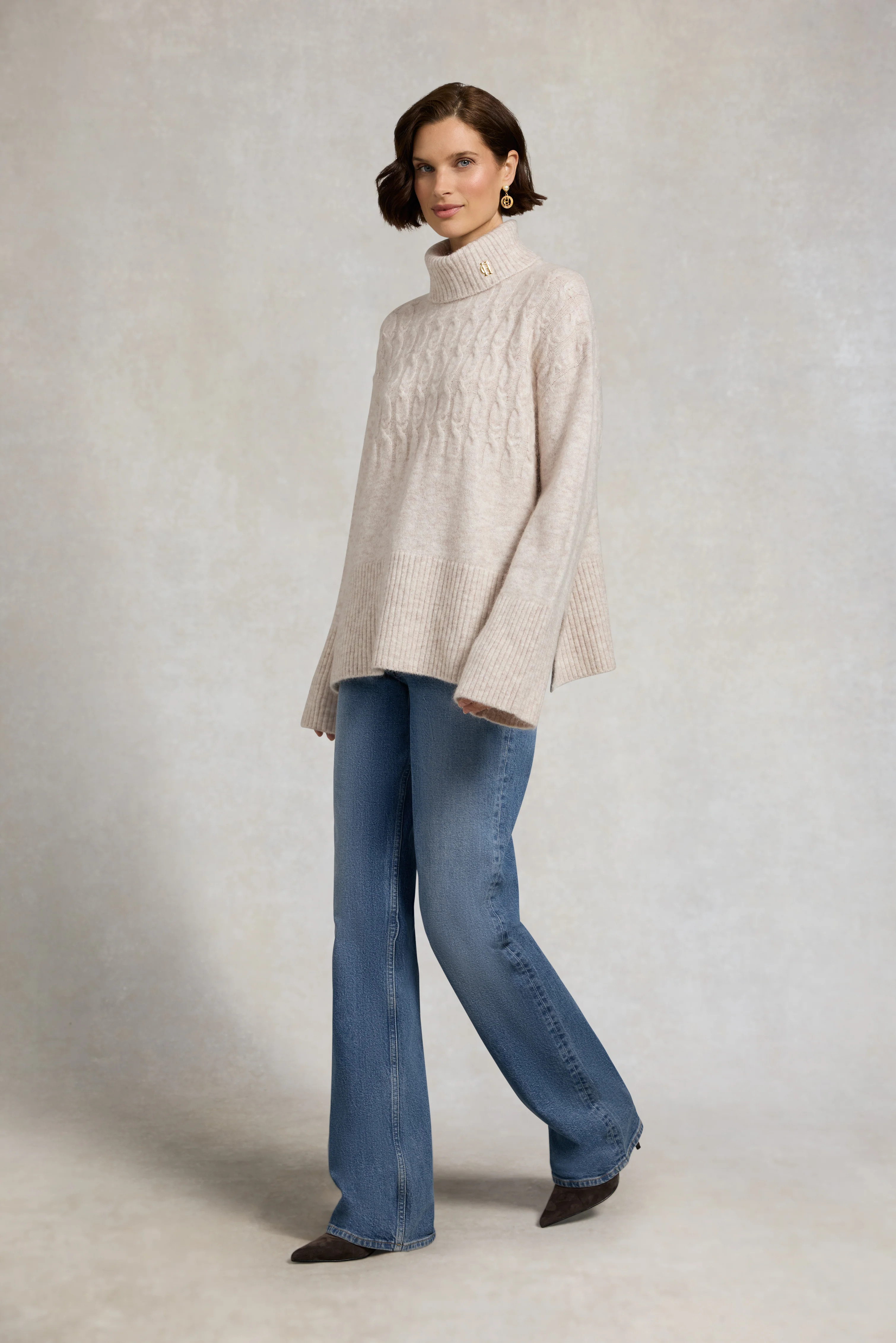 Antonia Cable Roll Neck Knit (Barley) | Holland Cooper
