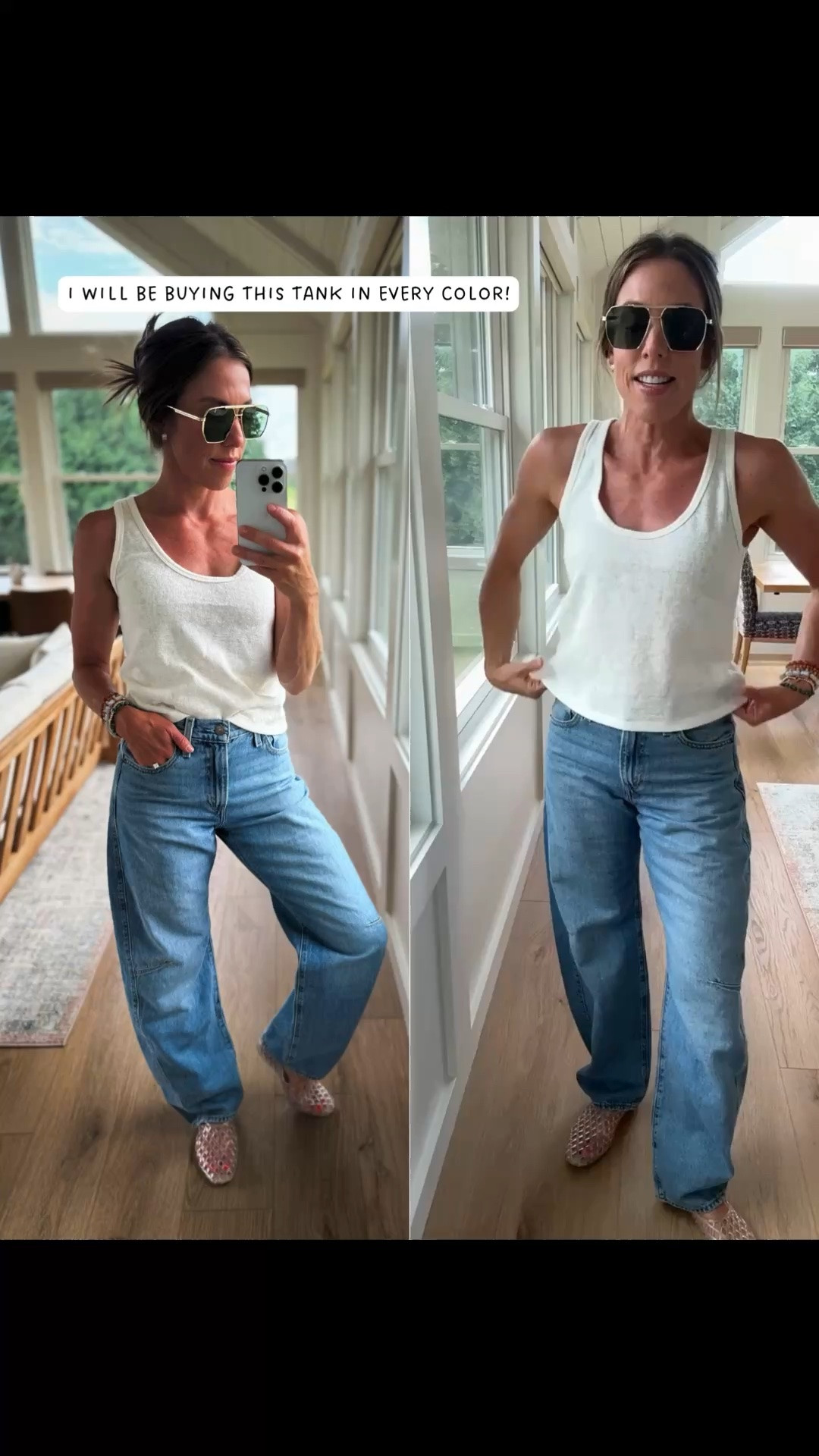 Tank: Xs
Jeans: 25 
Both fit TTS
