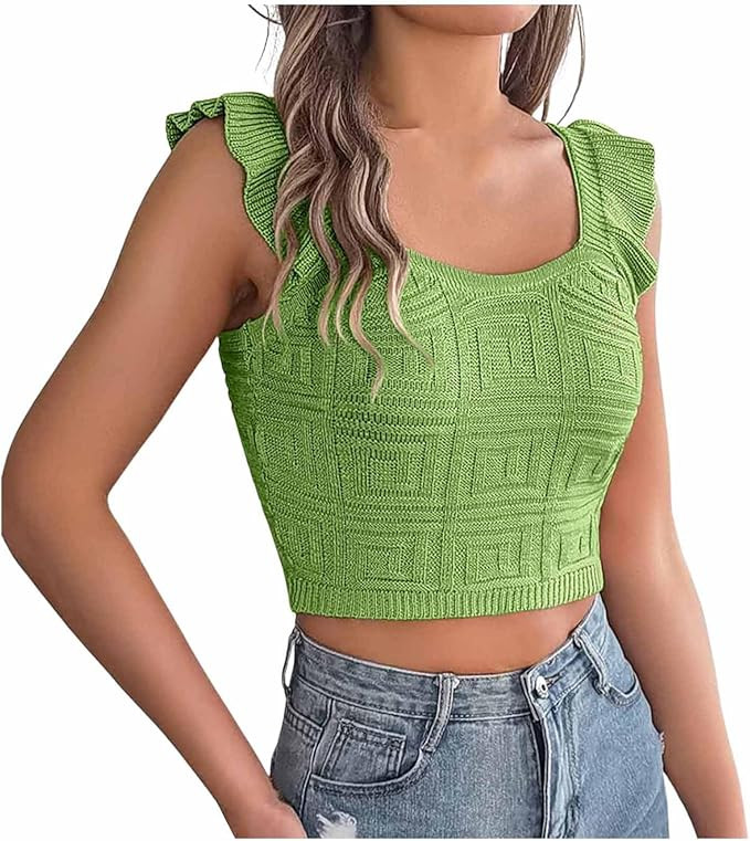 Leeveless Crop Tops for Women 2025 Square Neck Gym Cute Casual Cropped T Shirts Trendy Knit Half ... | Amazon (US)