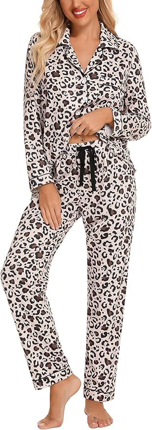 Samring Women's Button Down Pajama Set V-Neck Long Sleeve Sleepwear Soft Pj Sets S-XXL | Amazon (US)