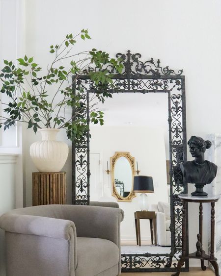 Living room corner decor — love this large white vase and black bust paired with my oversized ornate iron floor mirror!

#LTKhome #LTKsalealert #LTKstyletip