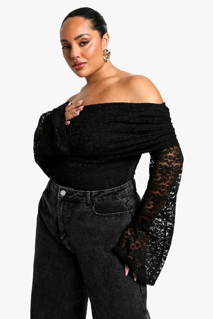 Plus Lace Off Shoulder Flared Cuff Bodysuit | Boohoo.com (UK & IE)