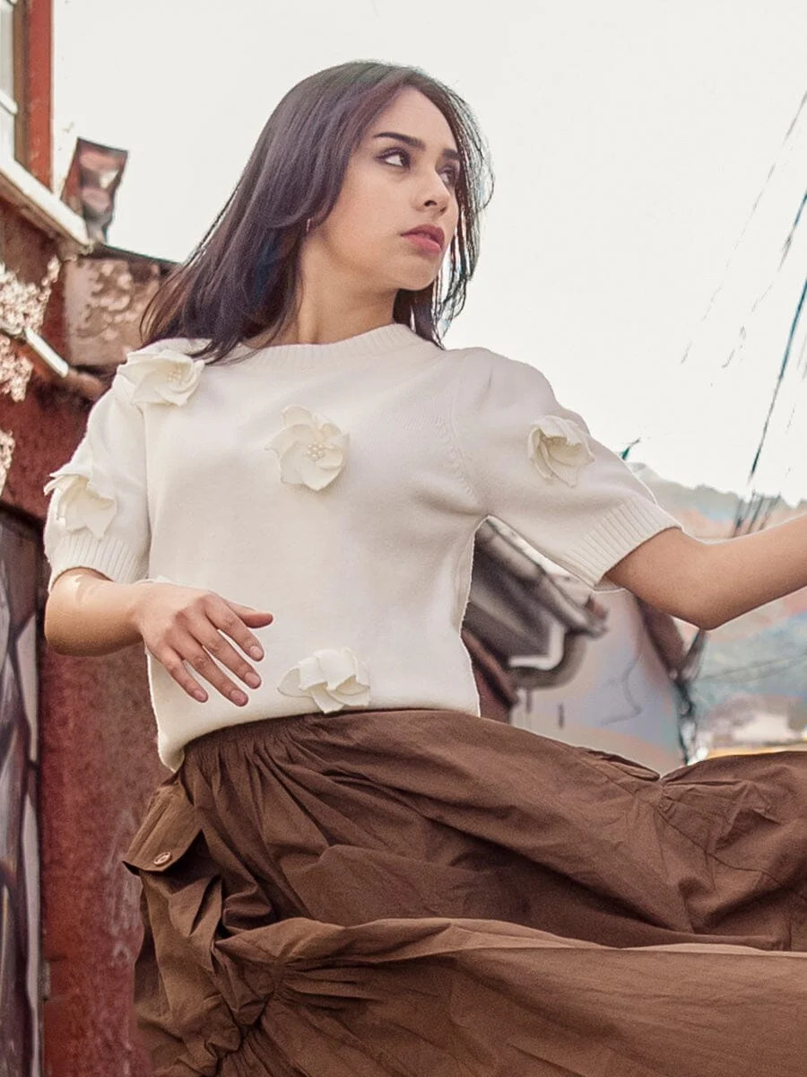 Floral rib neck knit top | Gracia Fashion