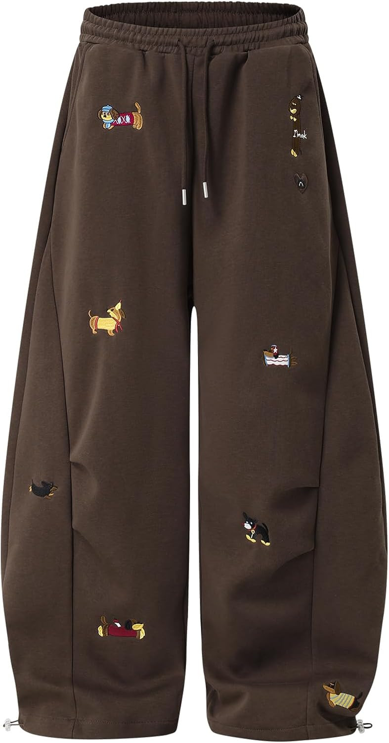 Aelfric Eden Embroidery Puppy Baggy Barrel Sweatpants Casual Y2K Elastic Drawstring Unisex Wide Leg Pants Lantern Trouser | Amazon (US)
