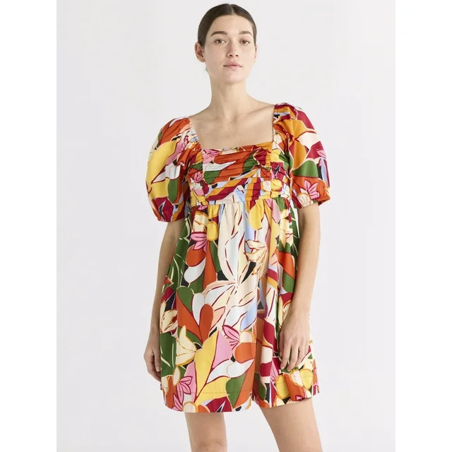 Free Assembly Women's Shirred Cotton Mini Dress with Puff Sleeves, Sizes XS-XXXL | Walmart (US)