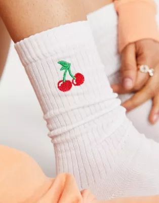 ASOS DESIGN calf length rib socks with cherry embroidery in white | ASOS (Global)