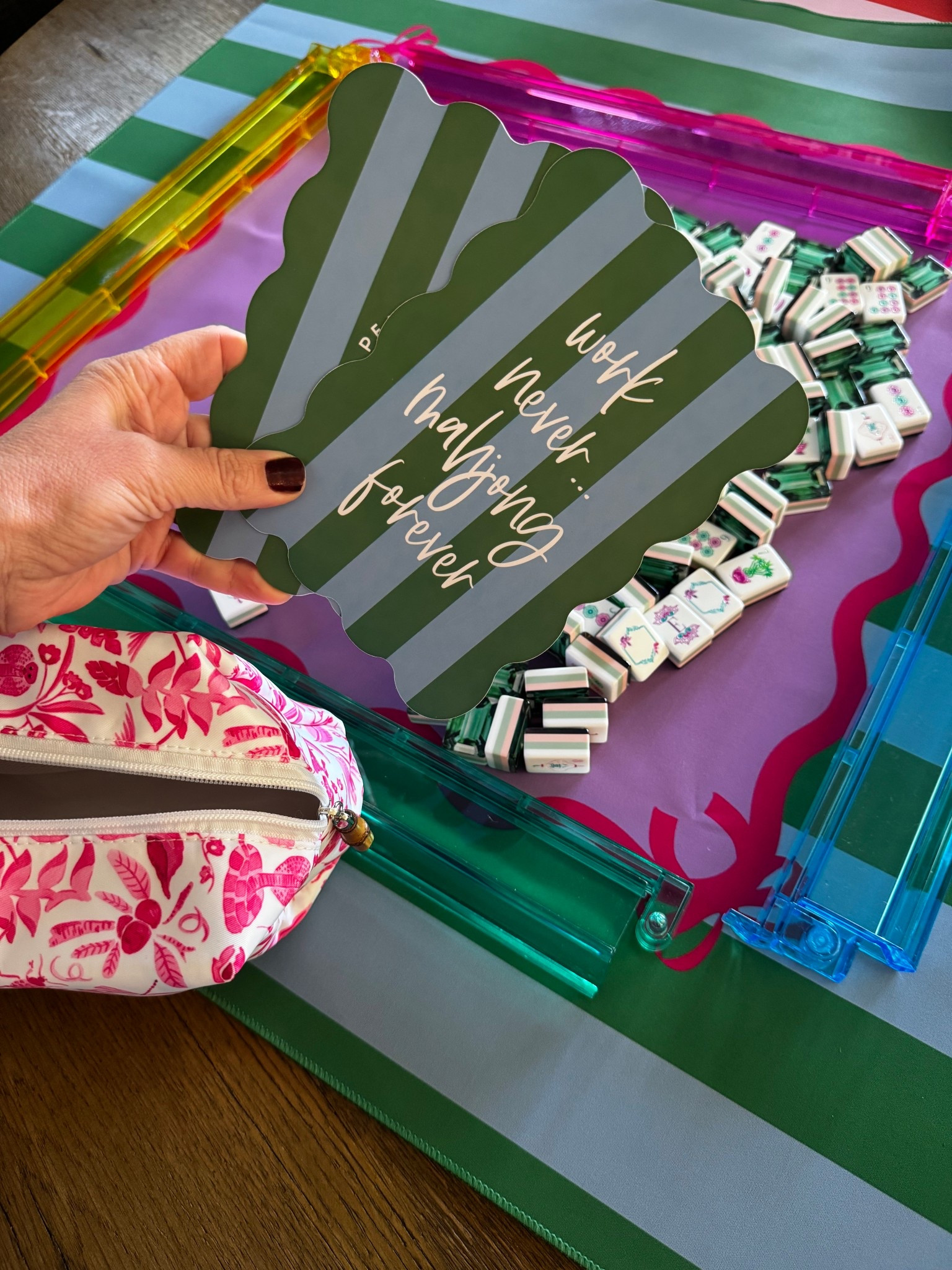 This mat is such a lovely find! Becoming popular as an inexpensive alternative!  It compliments many of the bright pink, plum, and bright green tiles. I play the
@ohmymahjong Emerald tiles on it.   Also looks good with Mahjong Co. Kaleidoscope tiles. 
It also has a different color way that would look great with blue tiles. Check return policy before purchasing!  
Shufflers : Peace Love Mahjong
#mahjong
#mahjongaccessories
#mahj
#amazonfinds