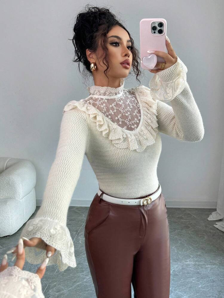 Elenzga Women's Lace Ruffle Hem Turtleneck Long Sleeve Sweater, Autumn/Winter Fall Cloth For Wome... | SHEIN