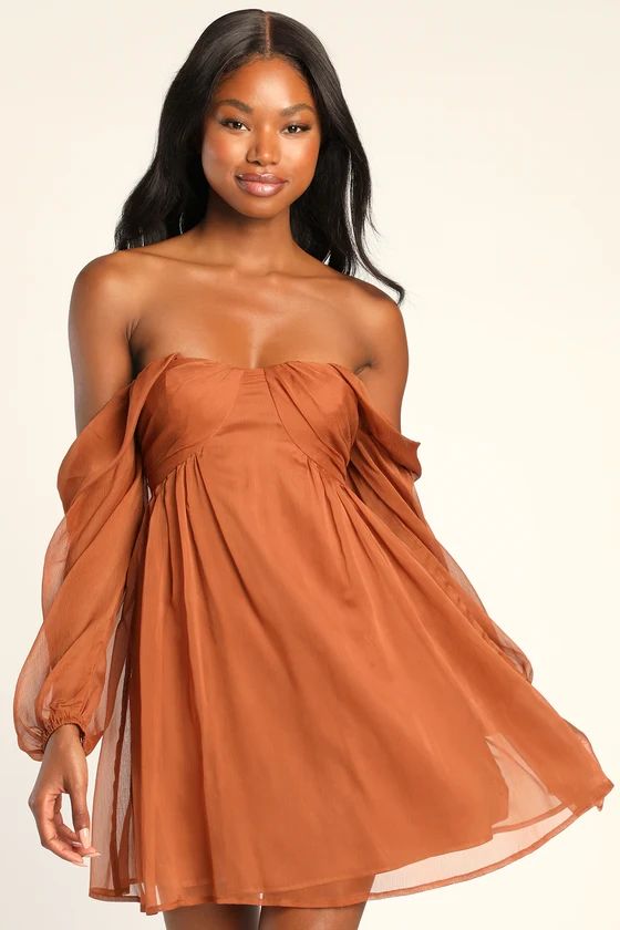 Dream Desire Rust Brown Off-the-Shoulder Long Sleeve Mini Dress | Lulus (US)