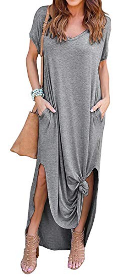 GRECERELLE Women's Casual Loose Pocket Long Dress Short Sleeve Split Maxi Dresses | Amazon (US)