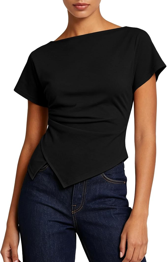 MONCCIZA Women's Asymmetrical Short Sleeve Tops Boat Neck Summer Shirts | Amazon (US)