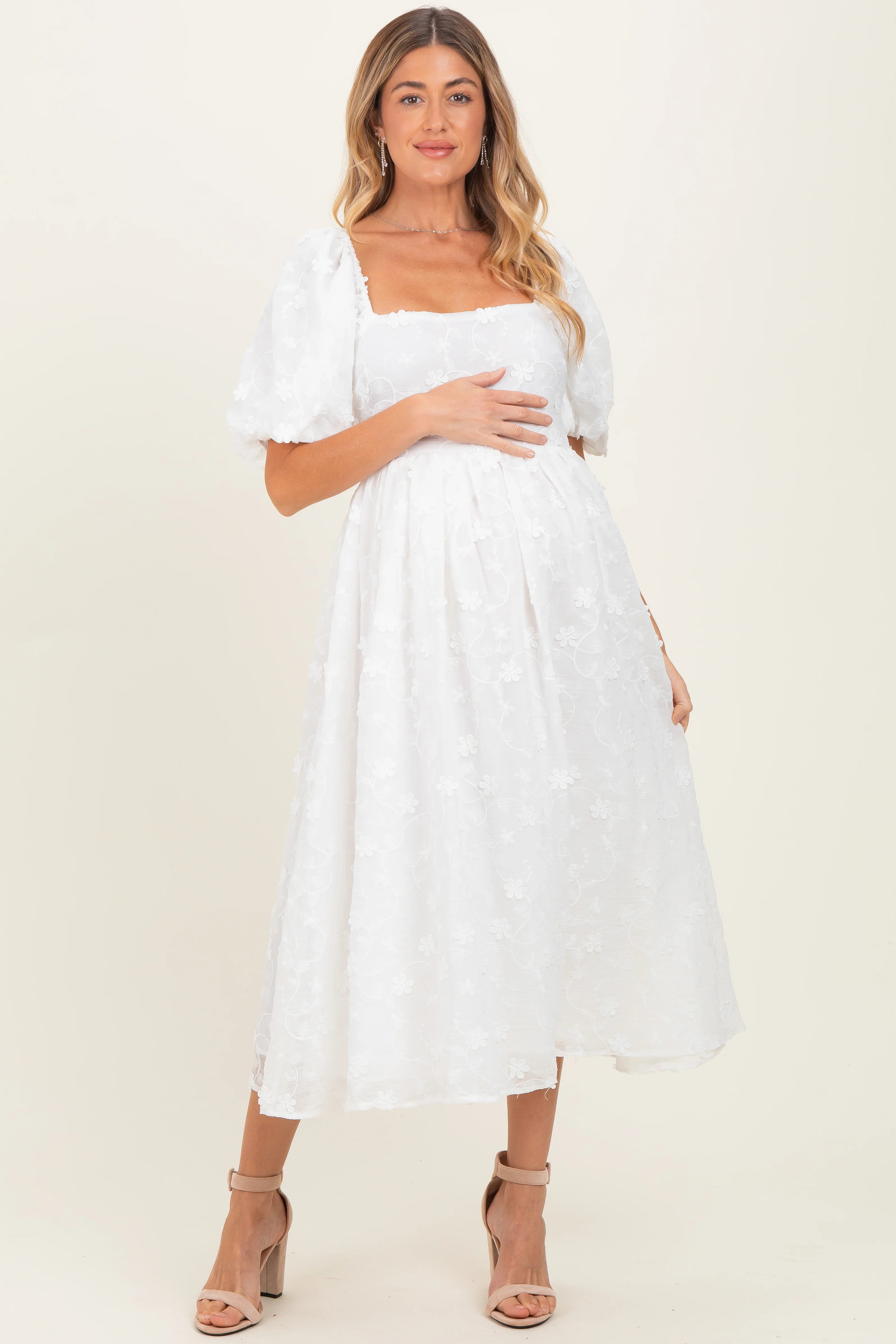 Ivory Embroidered Floral Puff Sleeve Maternity Midi Dress | PinkBlush Maternity