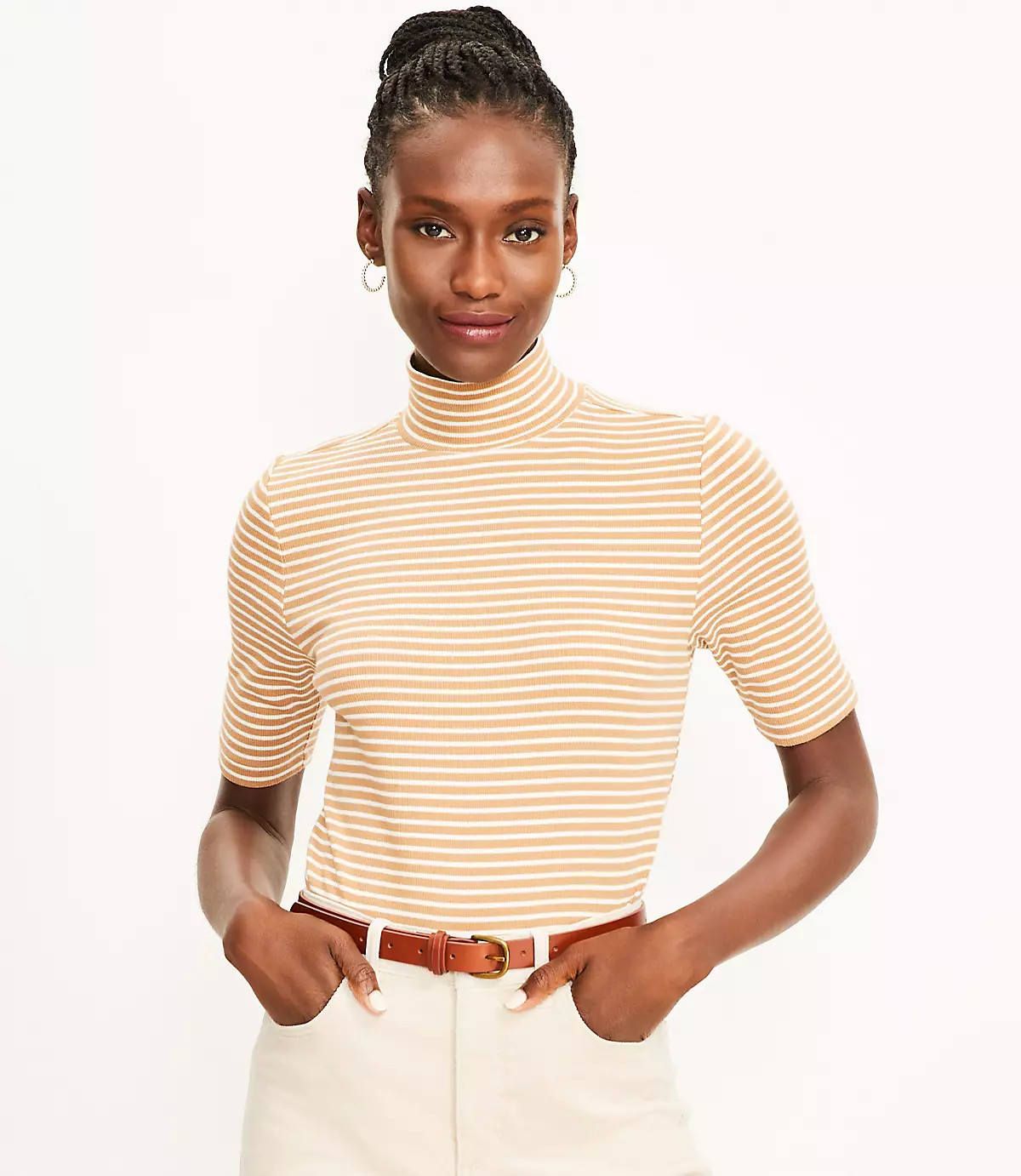 Striped Ribbed Mock Neck Top | LOFT