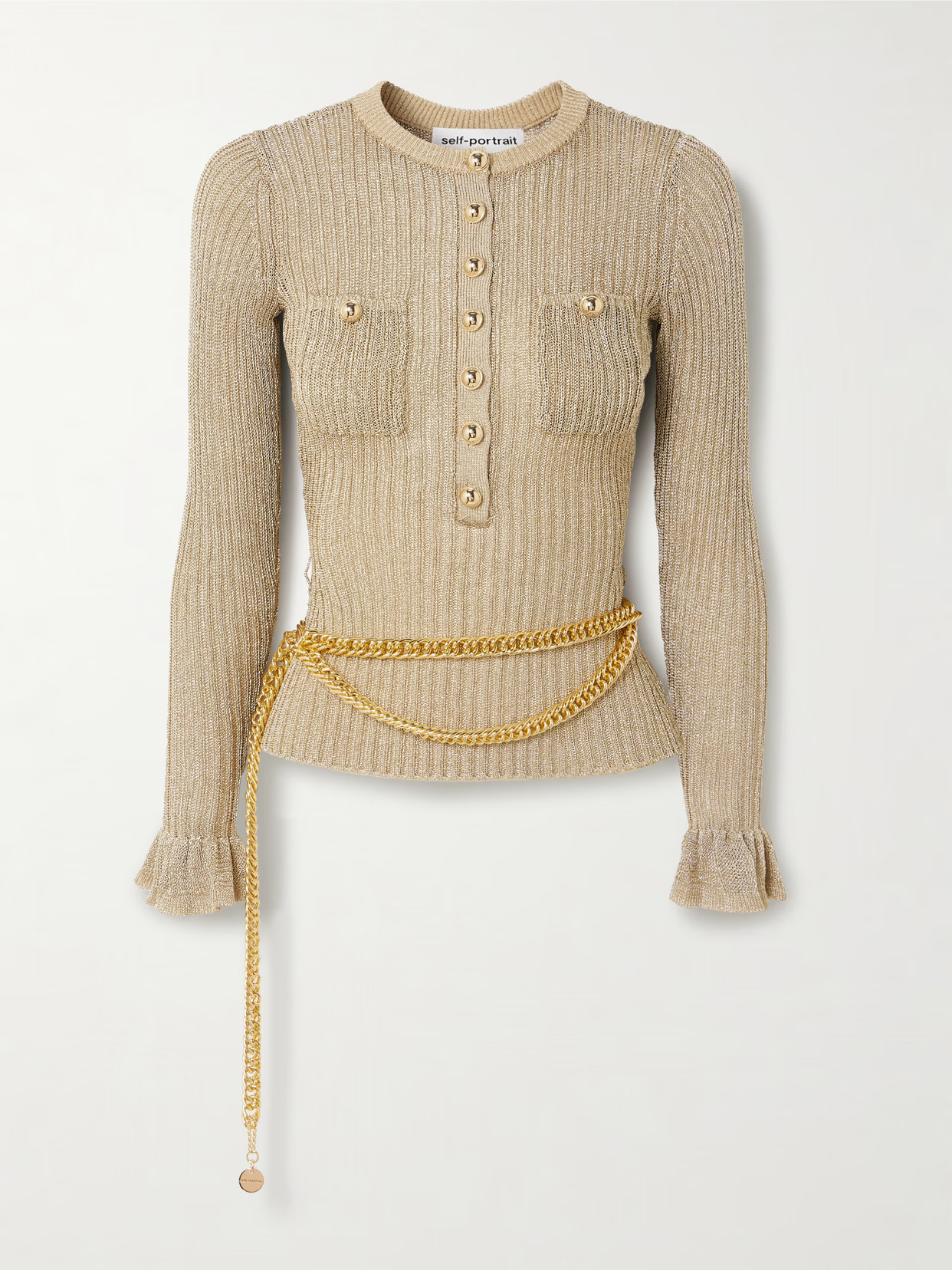 Self-Portrait - Belted Ruffled Metallic Ribbed-knit Top - Gold | NET-A-PORTER (US)
