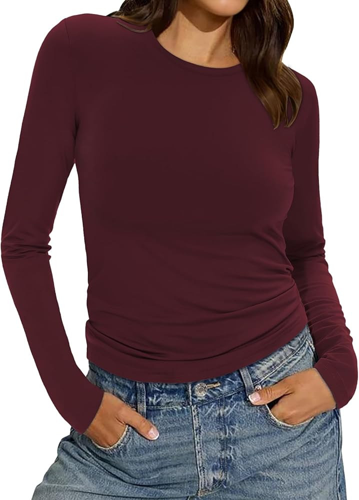Womens Long Sleeve Shirts Basic Tees Y2k Slim Fit T Shirt Crew Neck Trendy Crop Top Casual | Amazon (US)