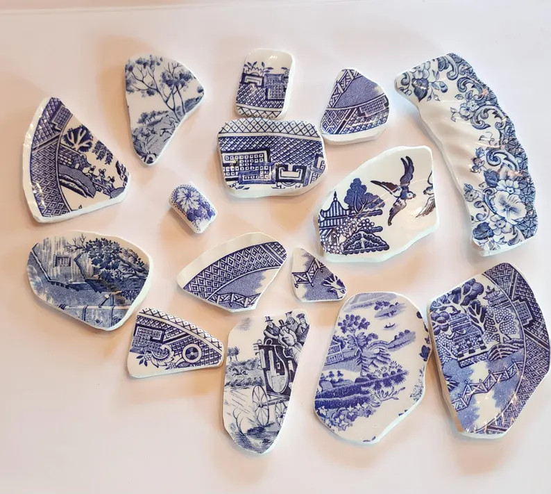 14 Vintage Blue & White Vintage China Hand Cut and Polished China Mosaic/jewlery Making Pieces, B... | Etsy (US)