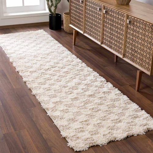 Hauteloom Marshmallow Modern Checkered Shag Runner Rug - High Pile Fluffy Shaggy Carpet - Kids Room, Hallway, Kitchen, Bathroom - Beige, Cream, White - 2'7" x 7'3" (2x8) | Amazon (US)