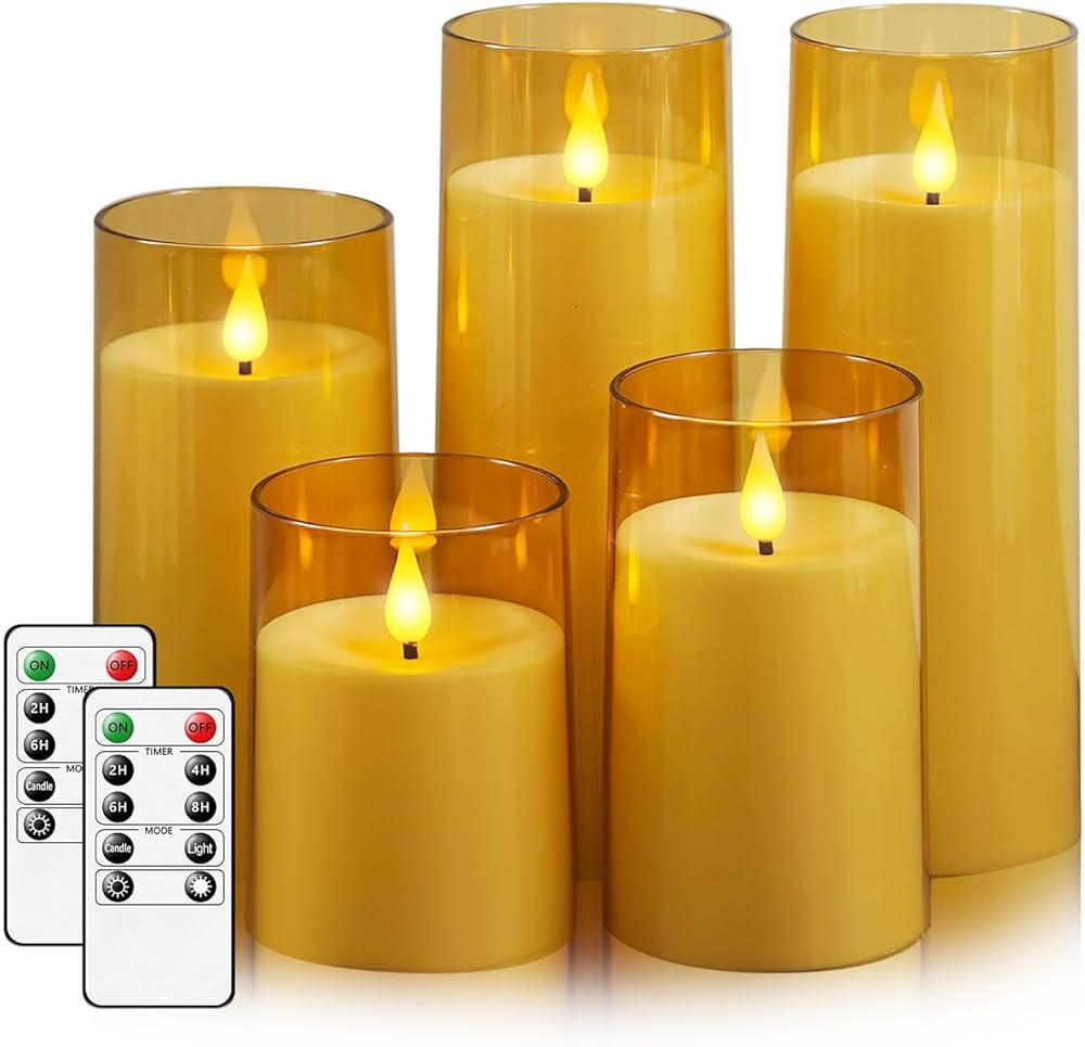 Fo32won Amber LED Flameless Pillar Candles Battery Operated with Remote and Timer, Set of 5 (D 3"... | Amazon (US)
