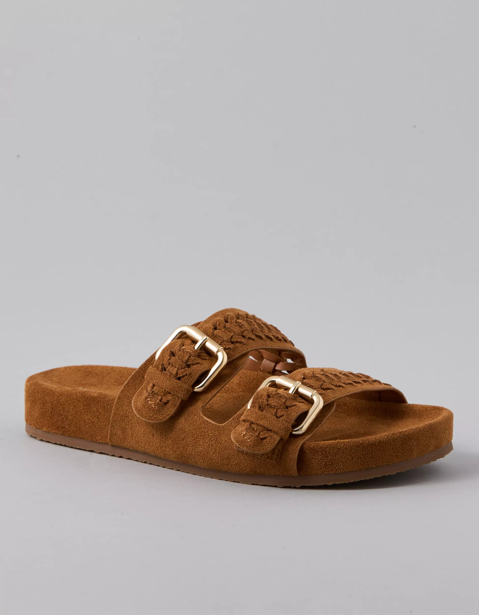 AE Sueded Double Buckle Slide Sandal | American Eagle Outfitters (US & CA)