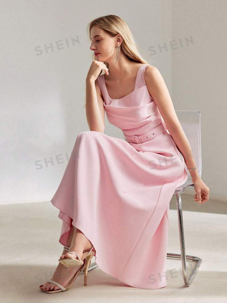 MOTF PREMIUM SOLID RUCHED BODICE BUCKLE BELTED DRESS | SHEIN