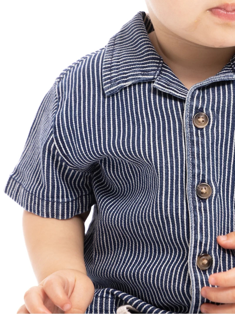Wonder Nation Baby Boys Short Sleeve Striped Collared Button Top and Matching Shorts Set, Sizes 0... | Walmart (US)