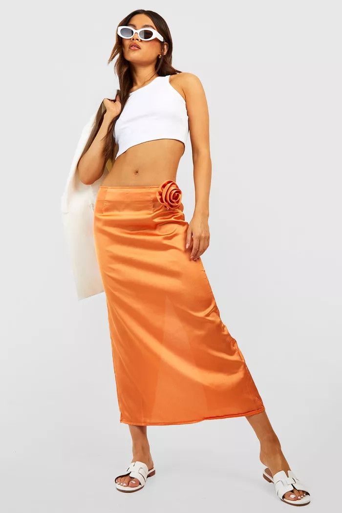 Rose Corsage Satin Midi Skirt | Euro summer Outfit | Europe Trip | Europe Outfits Sunmer | European  | Boohoo.com (US & CA)