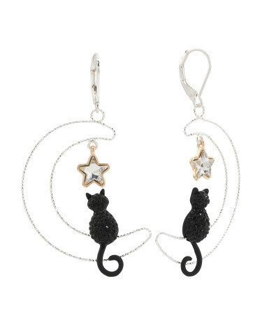Gold Plated Crystal Star Cat Crescent Moon Earrings | TJ Maxx