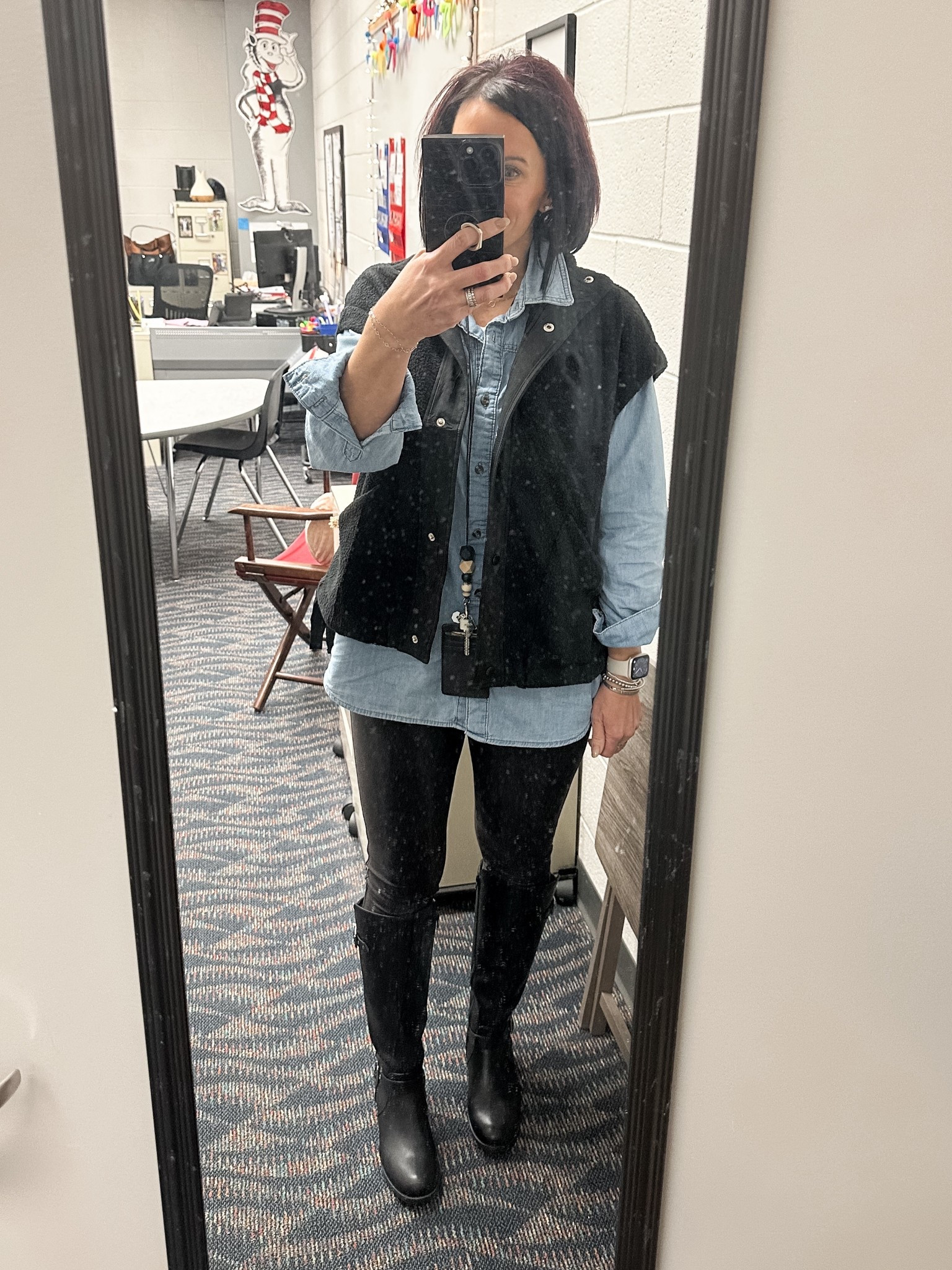 Comfy OOTD for the first day back to school after a long break! 
⬇️⬇️⬇️
Fleece lined leggings medium
Denim button down small 
Fleece vest small 

#LTKootd #LTKFindsUnder50 #LTKOver40