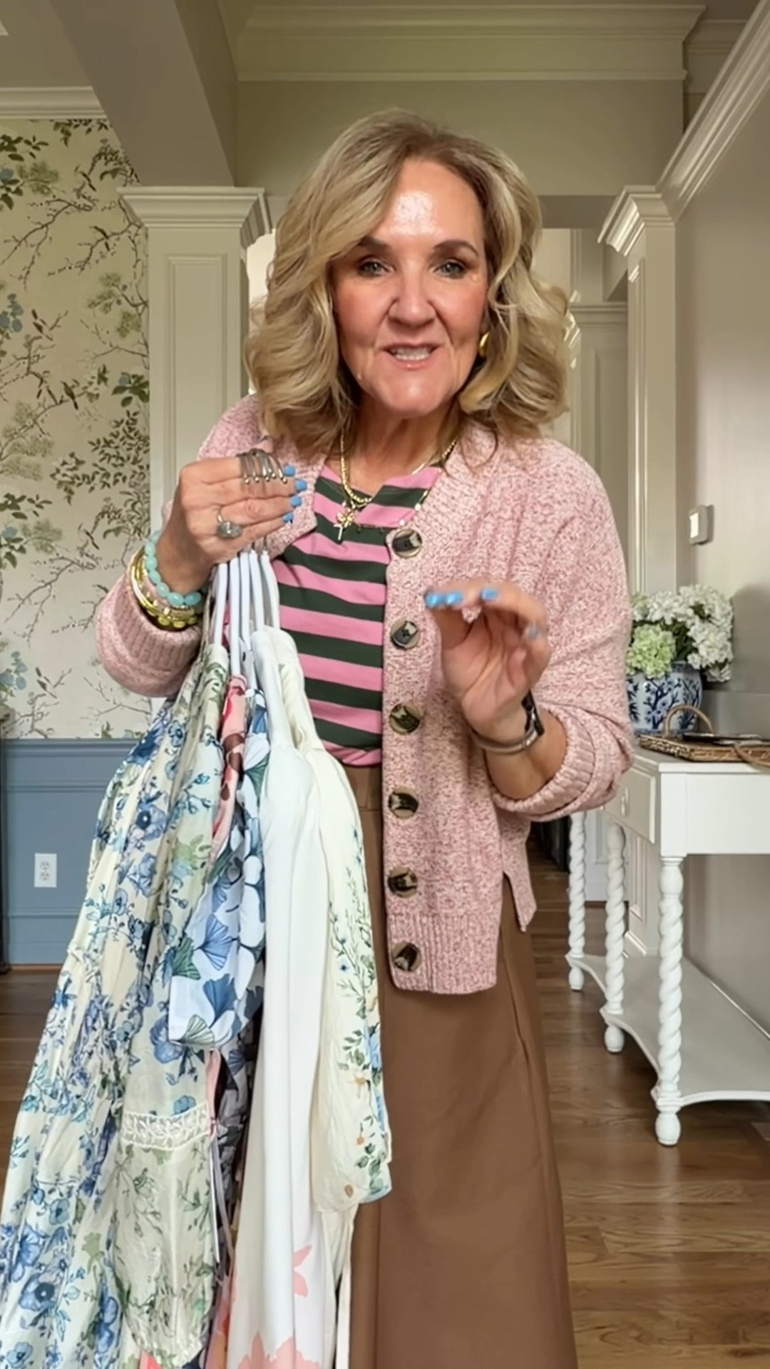 Dresses I’m wearing my regular size 8 or medium in all. The blue maxi is a medium petite. 
The dress I’m wearing is anthro and true to size. Medium in cardigan 
20% off my bracelet stack code NANETTE20

#LTKOver40 #LTKPetite #LTKSaleAlert