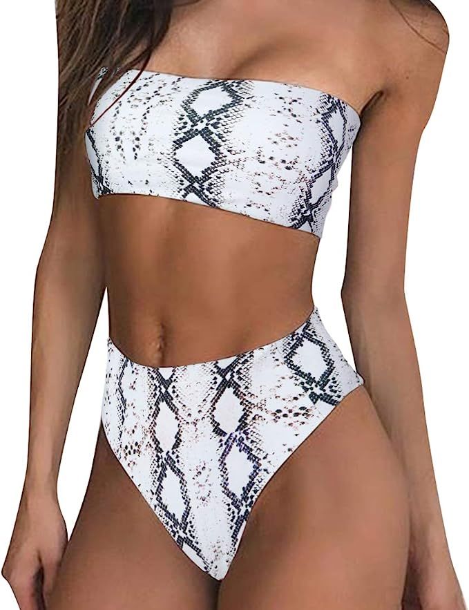 RUUHEE Women High Cut Bandeau Tropical Leaf Printed Strapless Swimsuits Bikini Set | Amazon (US)