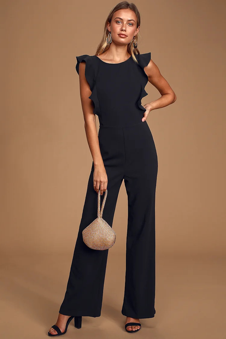 Feel Your Love Black Ruffled Wide-Leg Jumpsuit | Lulus (US)