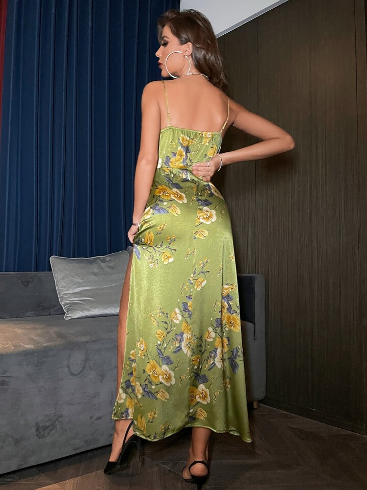 Allurite Vestido largo de satén con estampado floral, nudo delantero y abertura en el muslo, con... | SHEIN