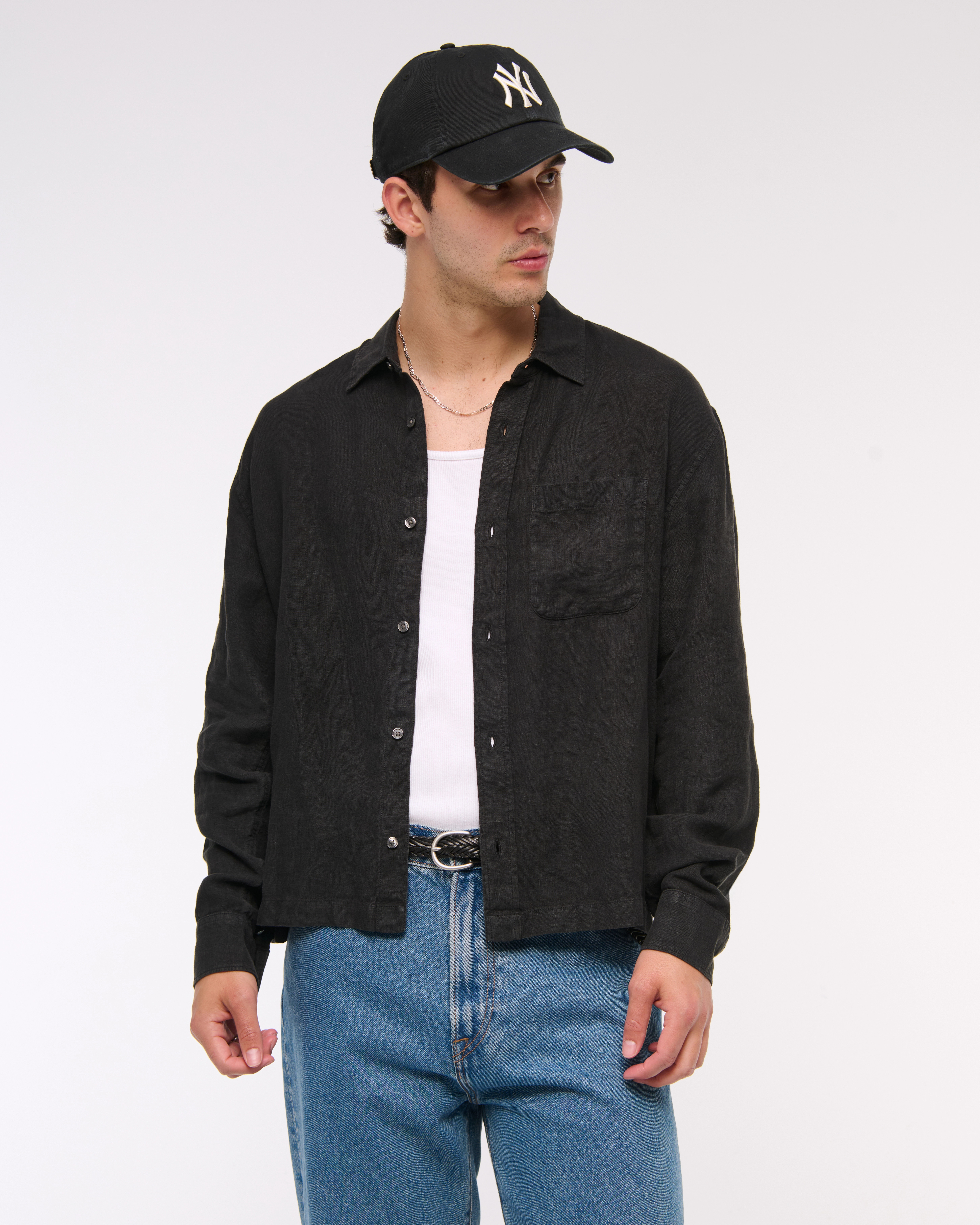 Cropped 100% Linen Button-Up Shirt | Abercrombie & Fitch (US)