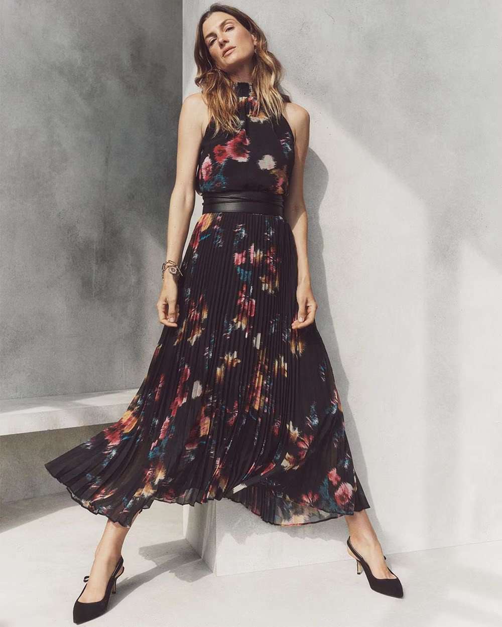 Sleeveless Pleated Halter Midi Dress | White House Black Market