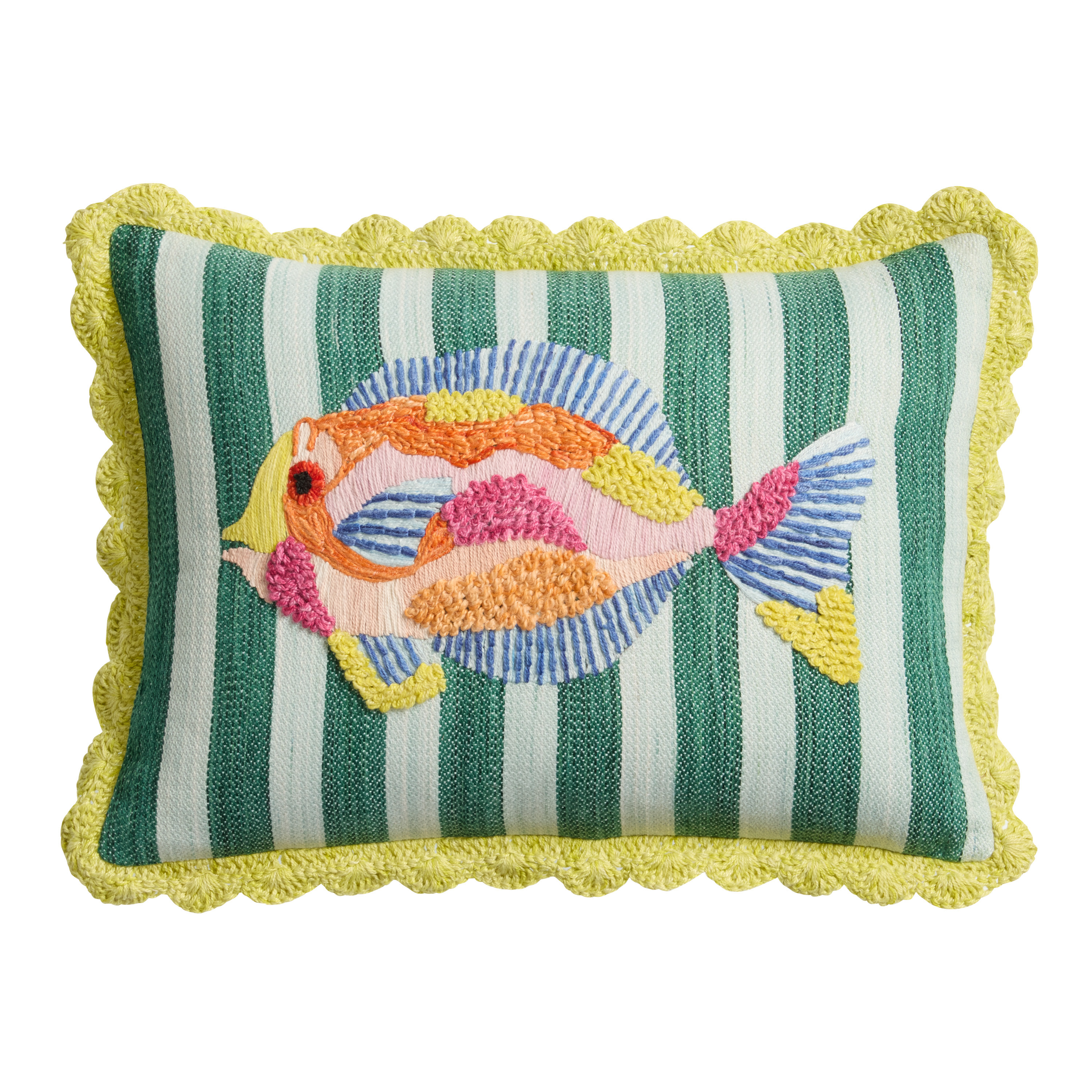 Green and Pink Fish Embroidered Indoor Outdoor Lumbar Pillow | World Market