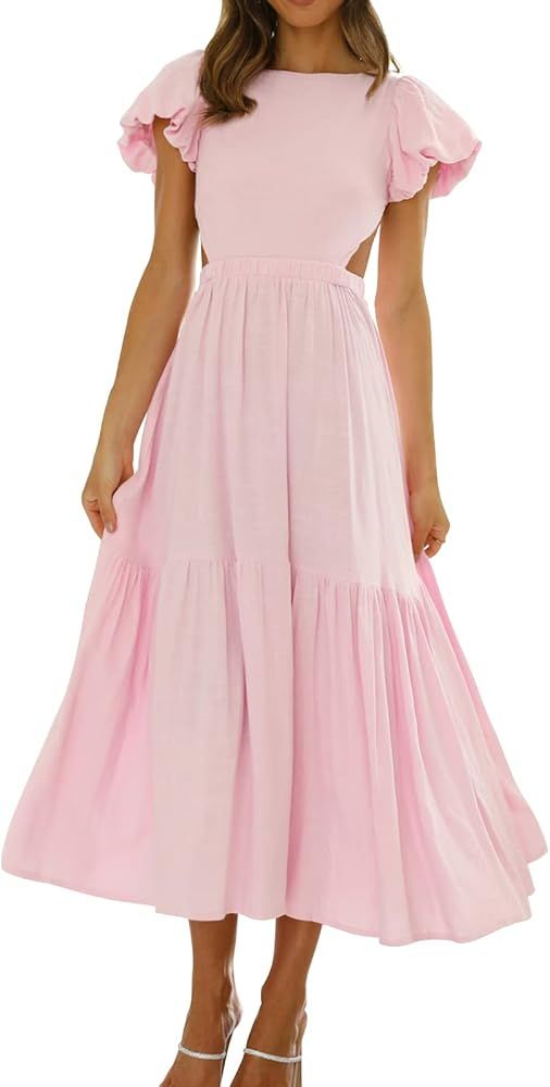 Women's Summer Maxi Dress Puff Sleeve Cut Out Waist Tiered Flowy Casual Midi Dresses | Amazon (US)