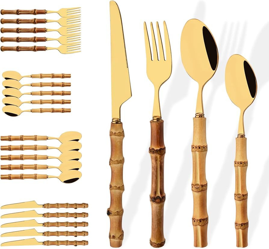 Stainless Steel Flatware Set, Bamboo Handle Silverware Set, Reusable Eating Utensils for Home Kit... | Amazon (US)