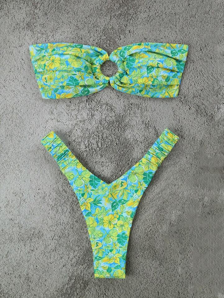 Floral Print Ring Linked Bandeau Bikini Swimsuit | SHEIN