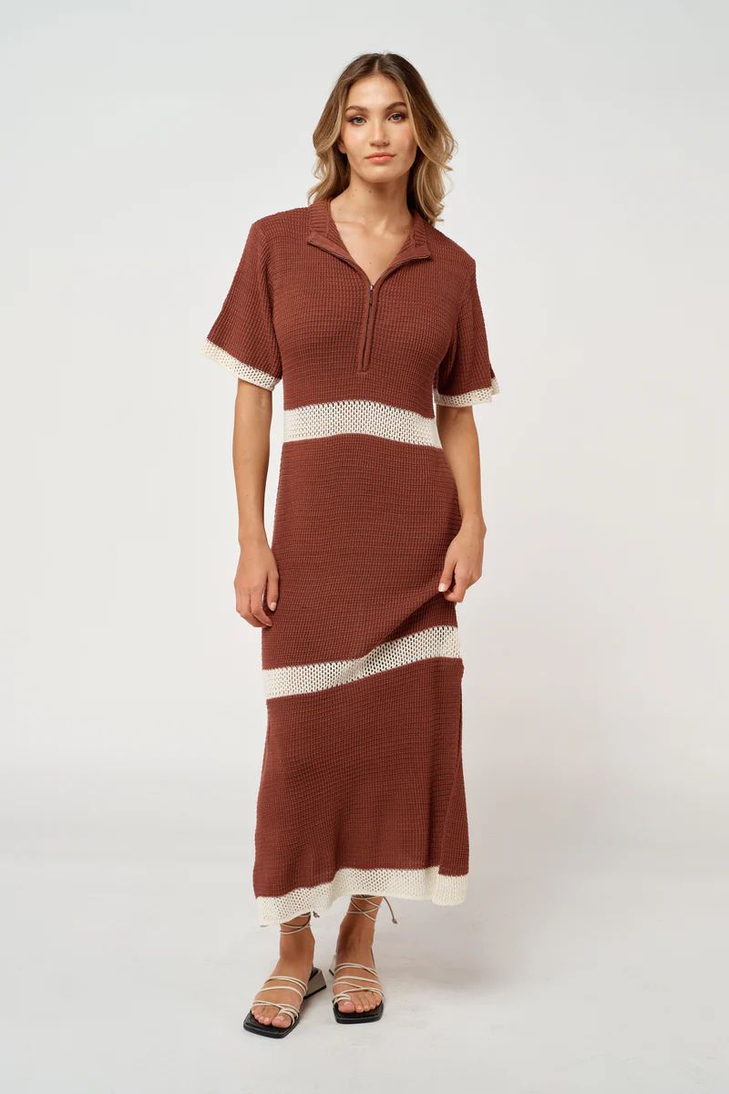 Grazia Knit Midi Tee Dress - Rust / Cream | Apero Label