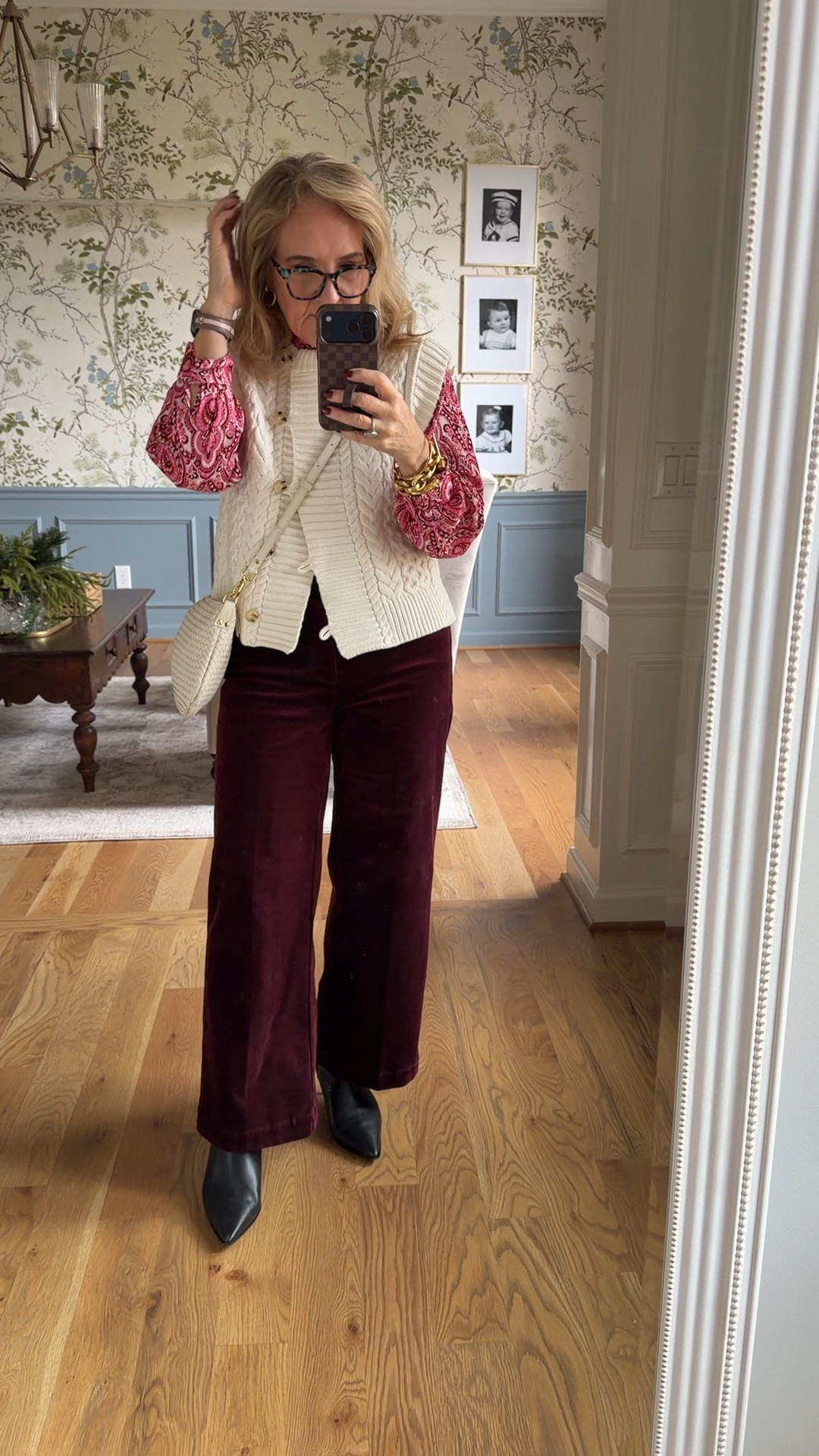 Burgandy velvet pants are Paige anrabess and so luxe size 29
Blouse size medium 
Vest petite medium 

#LTKOver40 #LTKHoliday #LTKootd