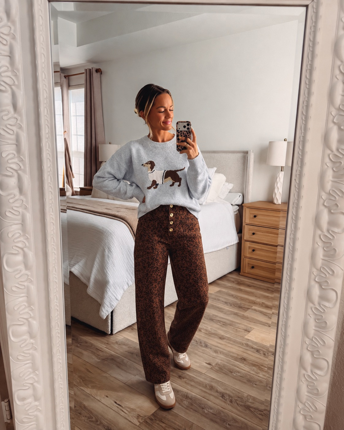 The cutest casual look from Walmart! This baby blue dachshund sweater is the sweetest statement piece paired with brown floral button-front jeans for that fun print mix. Clean white sneakers keep it comfy and easy. Perfect for weekend errands, coffee dates, or a laid-back day out and about! 

 #LTKootd #LTKmomlife #LTKSeasonal