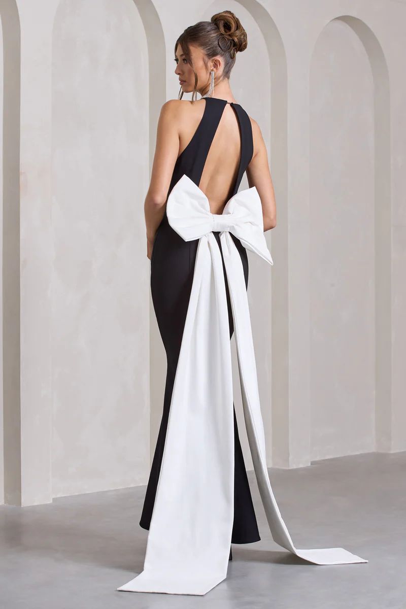 Bestow | Black Open-Back Maxi Dress With Oversized White Bow | Club L London