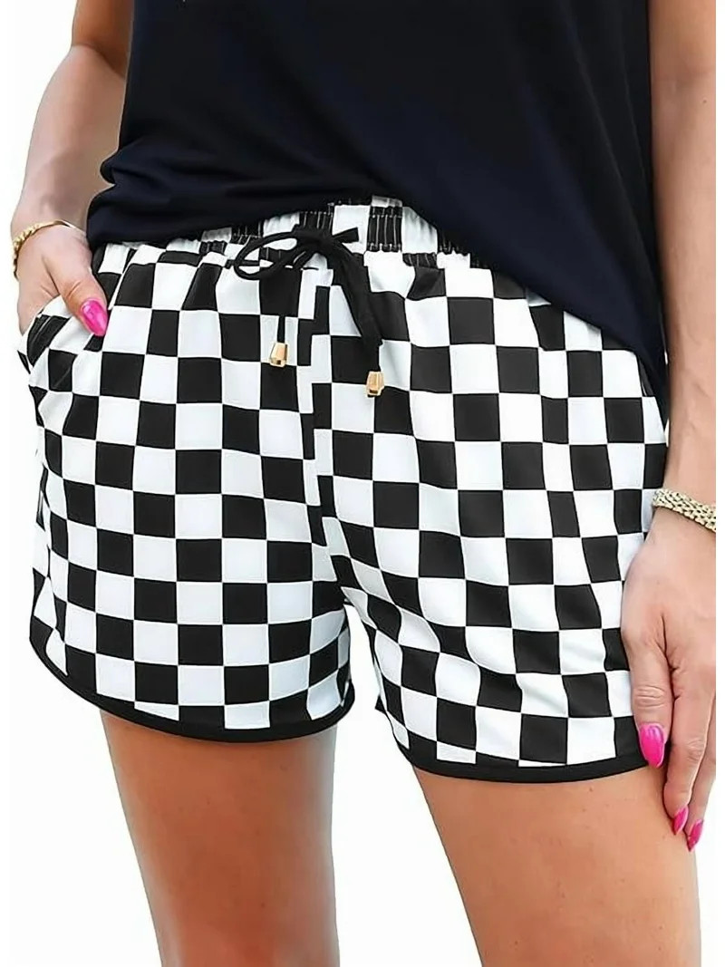 JWD Women's Checkered Shorts Elastic Waist with Drawstring Plaid Short Pants Beach Summer with Po... | Walmart (US)