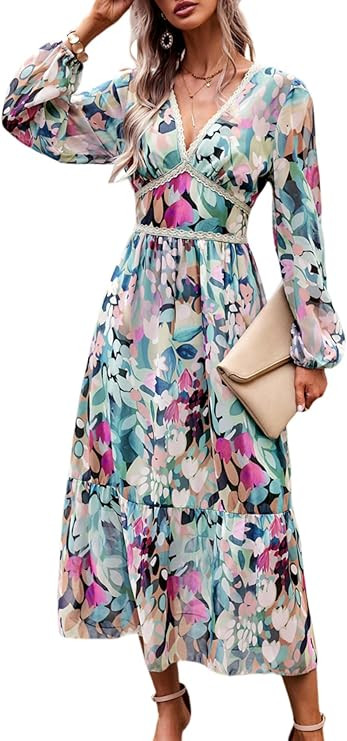 Women's Spring Wrap Maxi Dress Floral V Neck Long Sleeve Wedding Guest Party Casual Chiffon Dress | Amazon (US)
