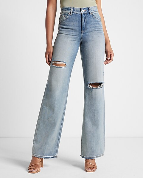 High Waisted Light Wash Ripped Wide Leg Jeans | Express