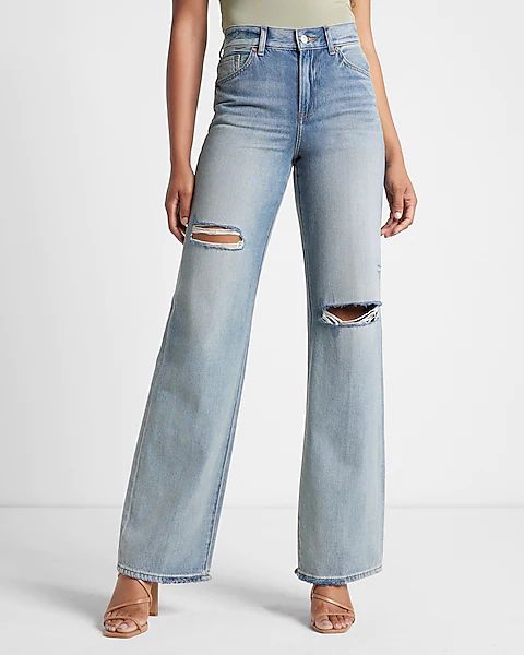 High Waisted Light Wash Ripped Wide Leg Jeans | Express