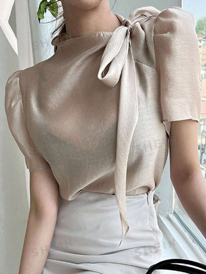 DAZY Tie Neck Solid Casual Puff Sleeve Blouse For Summer | SHEIN