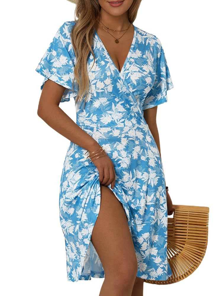 FENSACE Womens Sundress Summer Floral Short Sleeve Wrap V Neck A-Line Midi Dress | Amazon (US)